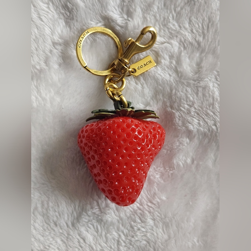 Red Strawberry Keychain with Gold Hardware Luxury Logo Bag Charm - Picture 4 of 8